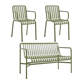HAY Palissade Dining Bench + 2x Armlehnenstuhl, olive