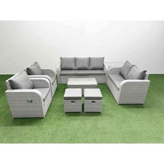 Fimous Pe Rattan Garden Furniture Set Adjustable Chair Sofa Double Love Seat 2 Seater Sofa Lounge Set Oblong Coffee Table 2 Side Table Light Grey - Fimous