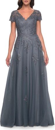 La Femme A-Line Tulle Gown with Lace Applique and Short Sleeves in Slate Blue at Nordstrom, Size 16