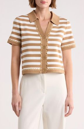 Ellen Tracy Stripe Lace Trim Short Sleeve Cardigan in Camel/Marshmallow Stripe at Nordstrom Rack, Size X-Large