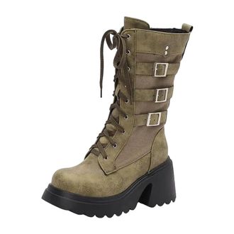 Generic Womens Modern Mid Calf Boots Square Toe Super High Block Heel Platform With Lace-Up Closure And Belt Buckle