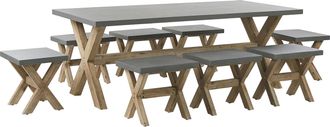Beliani Conjunto De Comedor Para Jard&iacute;n De Cemento Reforzado Gris Con Patas De Madera De Acacia Para 8 Personas Mesa Con 8 Taburetes Olbia