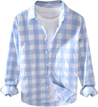 Generic Mens Long Sleeve Casual Plaid Flannel Shirt Checked Tartan Button Down Shirts for Men Casual Regular Fit Button Up Flannel Checked Plaid Shirts Light 