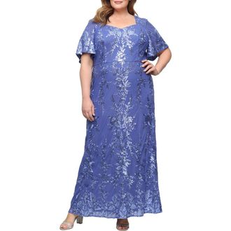 Alex Evenings Sequin Embroidered Mesh Gown in Cornflower at Nordstrom, Size 16W