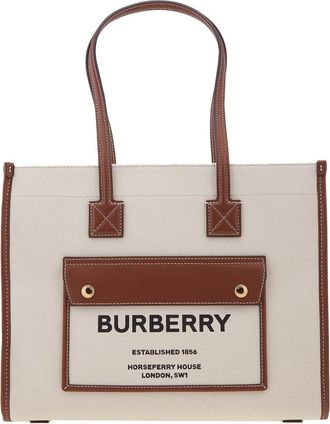 Burberry Freya Small Two-tone Canvas And Leather Tote In Natural/Tan