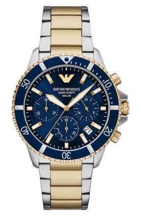 Emporio Armani World Explorer Solar Chronograph Bracelet Watch, 43.5mm in Gold/Silver at Nordstrom