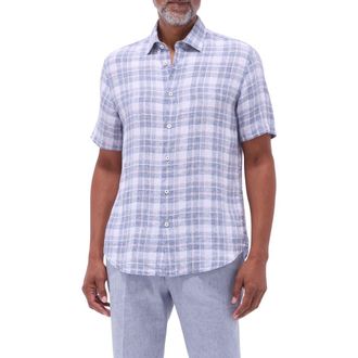 Bugatchi Orson Plaid Short Sleeve Slub Linen Button-Up Shirt in Steel at Nordstrom Rack, Size Xxx-Large