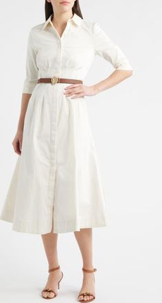 Anne Klein Elbow Sleeve Stretch Cotton Shirtdress in White Dove at Nordstrom, Size 10