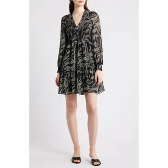 Halogen Smocked Long Sleeve Dress in Rich Black at Nordstrom Rack, Size X-Small