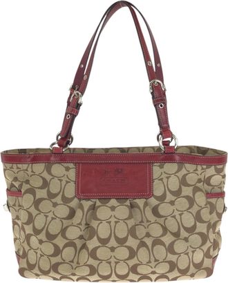 Coach Beige Red Color Canvas Leather Shoulder Bag Tote Bag (Pre-Owned)