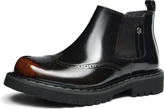 Generic Mens Pull on Chelsea Ankle Boots Chunky Block Heel Platform Boots Round Toe Patent Leather Vintage Brogue Shoes,Brown,5.5 UK