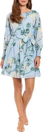 London Times Floral Long Sleeve Keyhole Fit & Flare Dress in Light Blue Dawn/Green at Nordstrom Rack, Size X-Small P