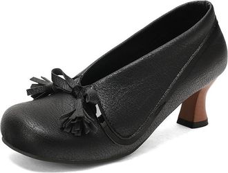 Generic Womens Vintage Low Top Round Toe Kitten Heels Pumps Slip On with Bowknot Decor Comfort Versatile Brouge Shoes (Black,7.5)