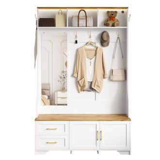 STILVORA Mueble De Entrada Con Espejo, Led, Ganchos, Puertas Y Cajones, Estilo Moderno, En Mdf, 120&times;40&times;187 Cm, Blanco Y Madera
