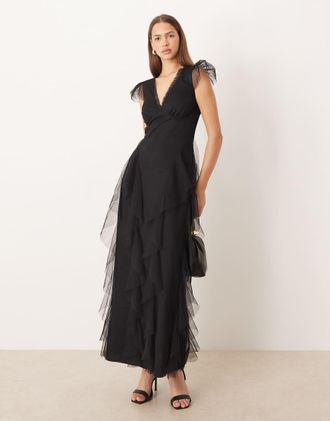 Lace & Beads Vestito lungo da cerimonia nero con volant e maniche ad aletta trasparenti