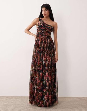 Lace & Beads Vestito lungo monospalla da damigella in tulle a fiori nero