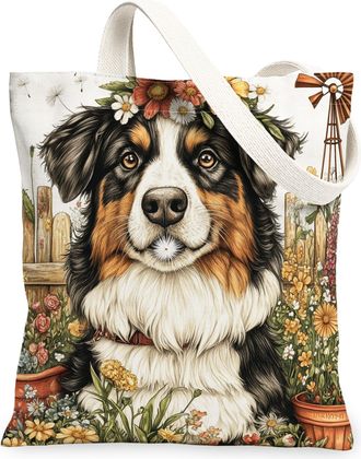 Generic Spring Australian Shepherd Dog Canvas Tote Bag for Shopping 13x15, Farmhouse Country Puppy Reusable Grocery Print Bag for Women, Farm Pet Beach Aesthe