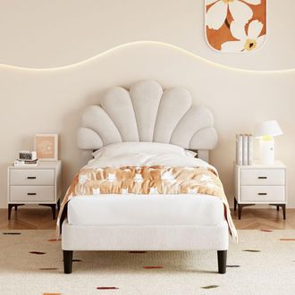 C&A 3ft Beige Velvet Bed Frame with Chic Adjustable Petal Headboard&Solid Wood Slats,Easy Assembly