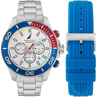 Nautica One Chronograph Quartz Silver Dial Pepsi Bezel Mens Box Set NAPNOF301