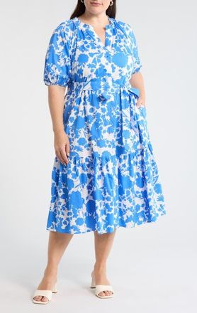 Sugarlips Marinelle Floral Wynette Cotton Tiered Midi Shirtdress in White-Med Blue at Nordstrom, Size 2 X