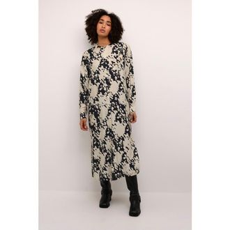 Kaffe KAlouise Round Neck Maxi Shirt Dress in Black/sand Graphic Cloud at Nordstrom, Size 10