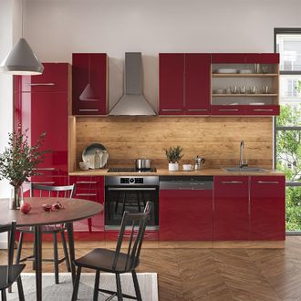 Vicco Mueble De Cocina Fame-line, Burdeos Brillo Intenso/roble Dorado, 300 Cm Sin Encimera