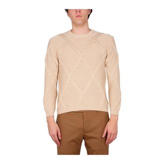 Ballantyne Diamond Pattern Crewneck Sweater - Heren - Ronde hals truien - Beige - M - Truien & Vesten