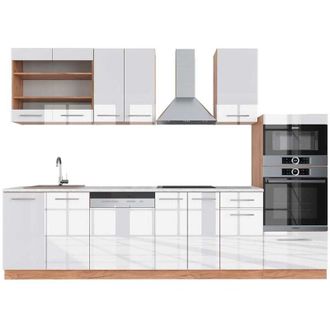 Vicco Cucina componibile Fame-Line, Bianco lucido/oro power oak, 300 cm con armadio alto, pl Marmo