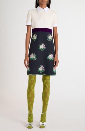 Valentino Garavani Floral Beaded Mixed Media Dress in Ivory/Blue at Nordstrom, Size 4 Us