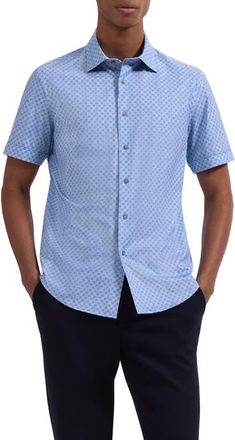 Bugatchi Miles OoohCotton Medallion Print Short Sleeve Button-Up Shirt in Air Blue at Nordstrom, Size Xxx-Large