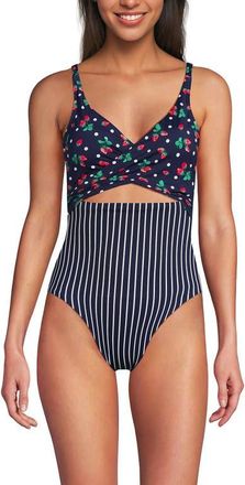 Lands End Wrap Monokini High Leg One Piece Swimsuit in Navy Berry Dot/stripe Mix at Nordstrom, Size 14