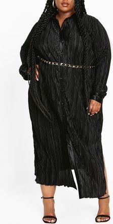 City Chic Amirah Pliss&eacute; Long Sleeve Maxi Shirtdress in Black at Nordstrom, Size Xl