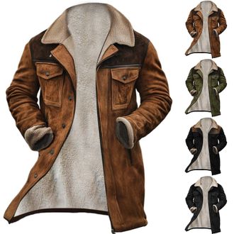 Generic Mens Anoraks Winter Jacket Warm Lined Suede Coat Denim Style with Pockets Faux Leather Design for Stylish Outdoor (Coffee, L)
