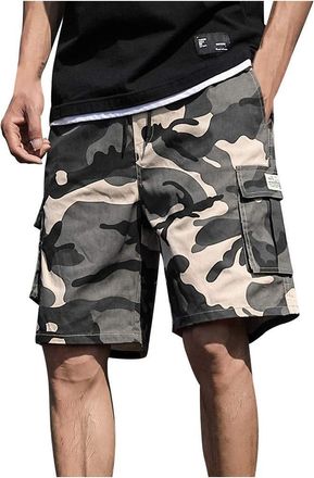 Generic Cargo Shorts Mens Knee Length Camouflage Work Trousers Elastic Waist Army Short Multi Pockets Camo Sports Shorts Outdoor Lightweight Walking Trousers 