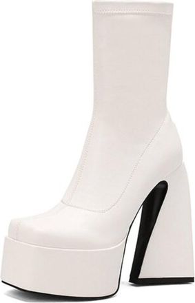 Generic Womens Platform Block Heel Sock Boots Square Toe Faux Leather Stretchy Ankle High Stylish Comfortable For Night Out Party And Daily Wear,White,4.5 UK