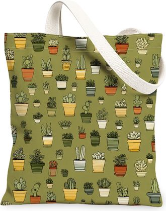 Generic Floral Canvas Tote Bags, Plant Pattern Reusable Grocery Bags, Vintage Lightweight Washable Shoulder Strap Canvas for Outdoo, Green, 13x15 Inch