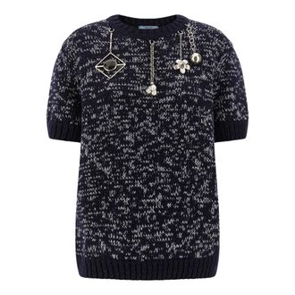 Prada Wol Trui met Ronde Hals en Hanger - Dames - Truien - Blauw - Maat: M Wol