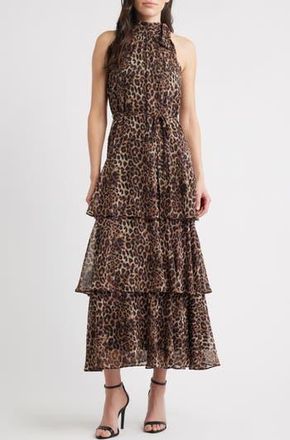 Julia Jordan Leopard Print Tiered Maxi Dress in Brown Black at Nordstrom Rack, Size 12