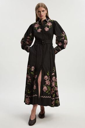 Karen Millen Rose Embroidered Cotton Shirt Dress in Black at Nordstrom, Size 6