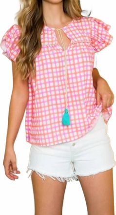 THML Clothing Lena Pattern Flutter Sleeve Top In Pink