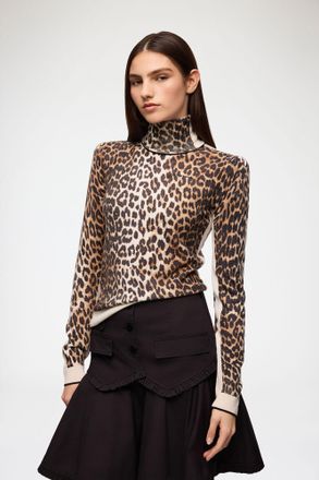 Ganni Brown Turtleneck in Leopard - Size XXS Merino Wool