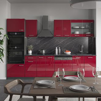 Vicco Mueble De Cocina R-line, Burdeos Brillo Intenso/antracita, 300 Cm Con Armario Alto, Sin Encimera