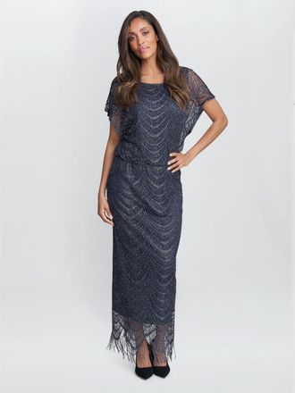 Gina Bacconi Womens Arleen Long Blouson Fringe Hem Dress - Navy - Size 12 UK