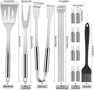 OEM Juego De Utensilios Para Barbacoa, 16 Piezas De Acero Inoxidable, Con Caja De Almacenamiento, Pala, Tenedor, Pinzas, Brochetas Y Cepillo, Ideal Para B