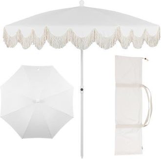 Jonathan Y Designs Mariner 6.5 ft. Classic Cottage Fringe Tassel Market Beach Umbrella with Push Button Tilt in White/cream - White Pole at Nordstrom