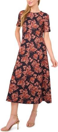Ted Baker Floral Short Sleeve Ponte Midi Dress in Leather Brown at Nordstrom Rack, Size X-Large