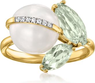 Ross-Simons 9.5-10mm Cultured Pearl and Prasiolite Ring With Diamonds in 14kt Yellow Gold