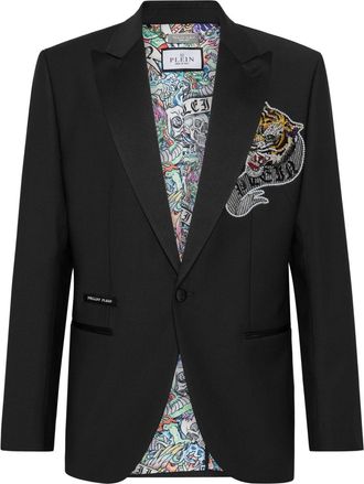 Philipp Plein tattoo-appliqu&eacute; single-breasted blazer - men - Wool - 58 - Black