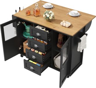 STILVORA Carro De Cocina Con 2 Puertas 4 Cajones Encimera Plegable Ruedas Toallero Para Cocina En Mdf Negro