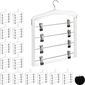 Relaxdays Pack 15 Perchas M&uacute;ltiples Con Pinzas Para Faldas O Pantalones, Madera-metal-goma, Blanco